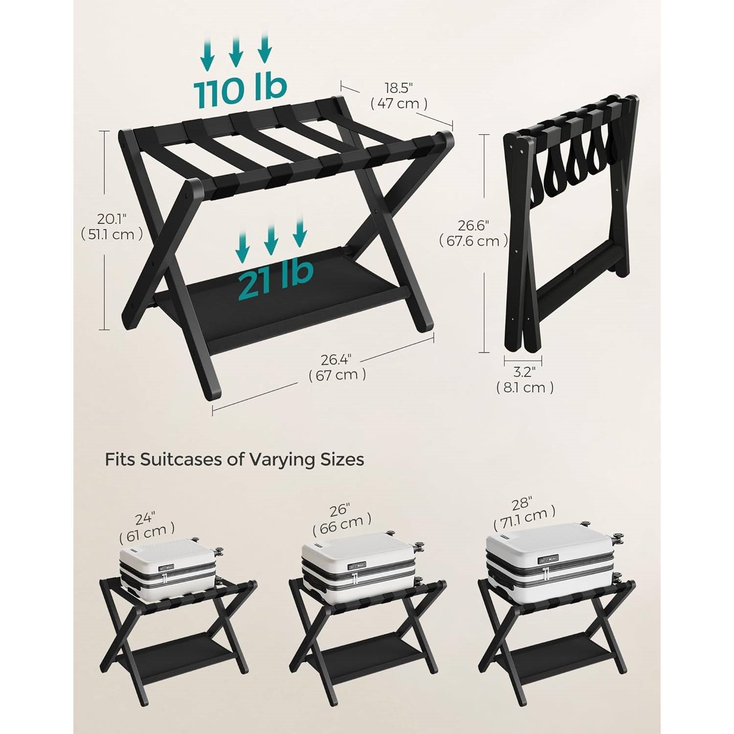 Set of 2 - Sturdy Bamboo Luggage Rack in Black Wood Finish with Lower Storage Shelf-4