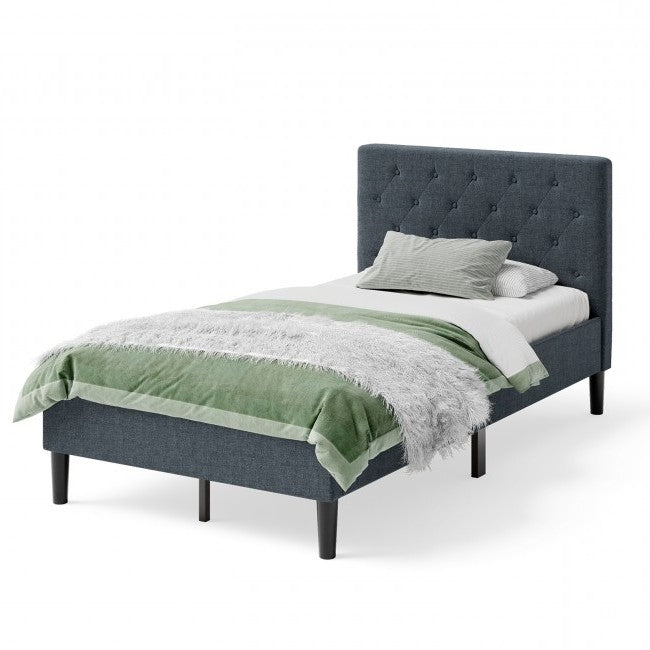 Twin Size Grey Upholstered Button Tufted Headboard Platform Bed-1