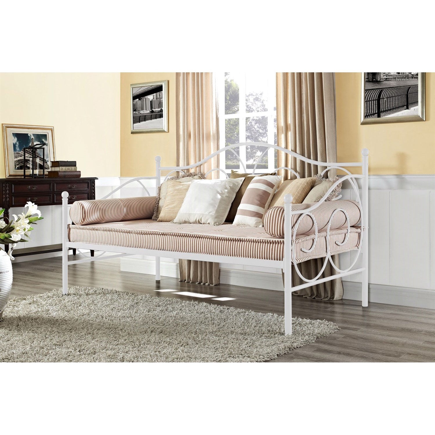 Twin White Metal Daybed with Scrolling Final Detailing - 600 lb Weight Limit-0