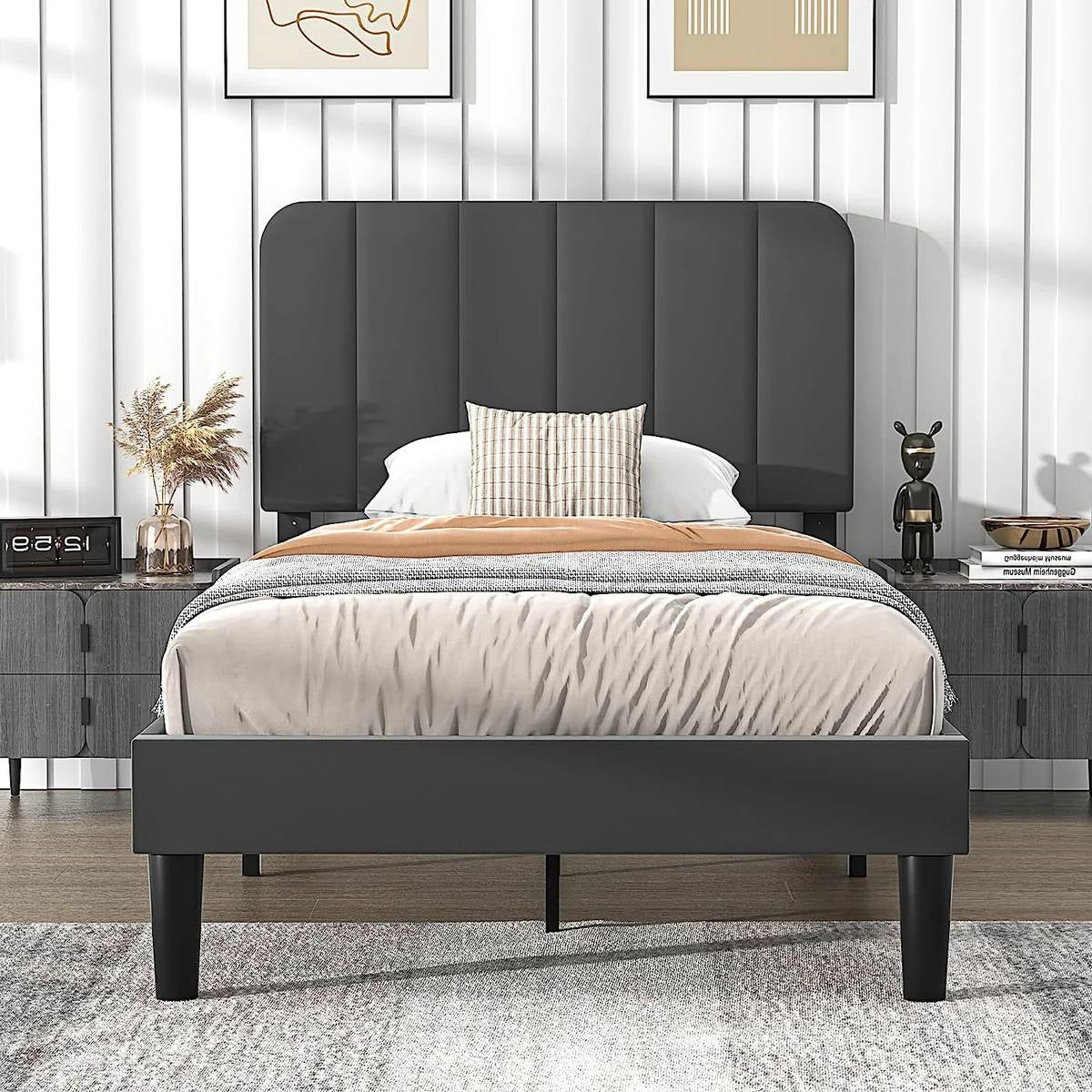 Twin size Dark Grey Upholstered Platform Bed Frame with Headboard-0