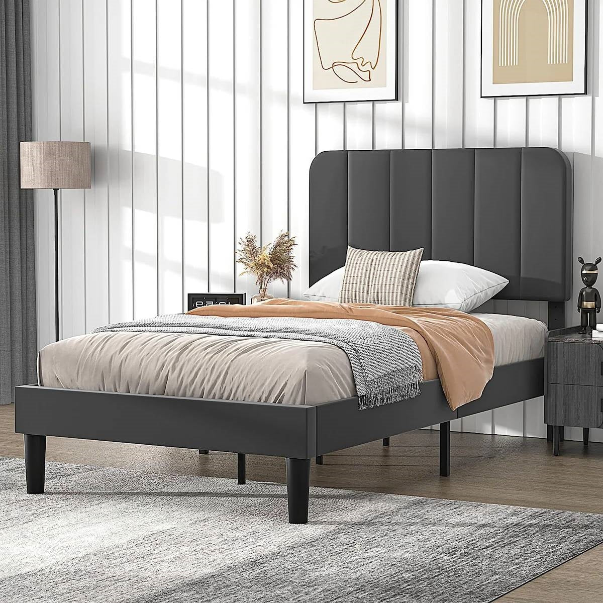 Twin size Dark Grey Upholstered Platform Bed Frame with Headboard-1