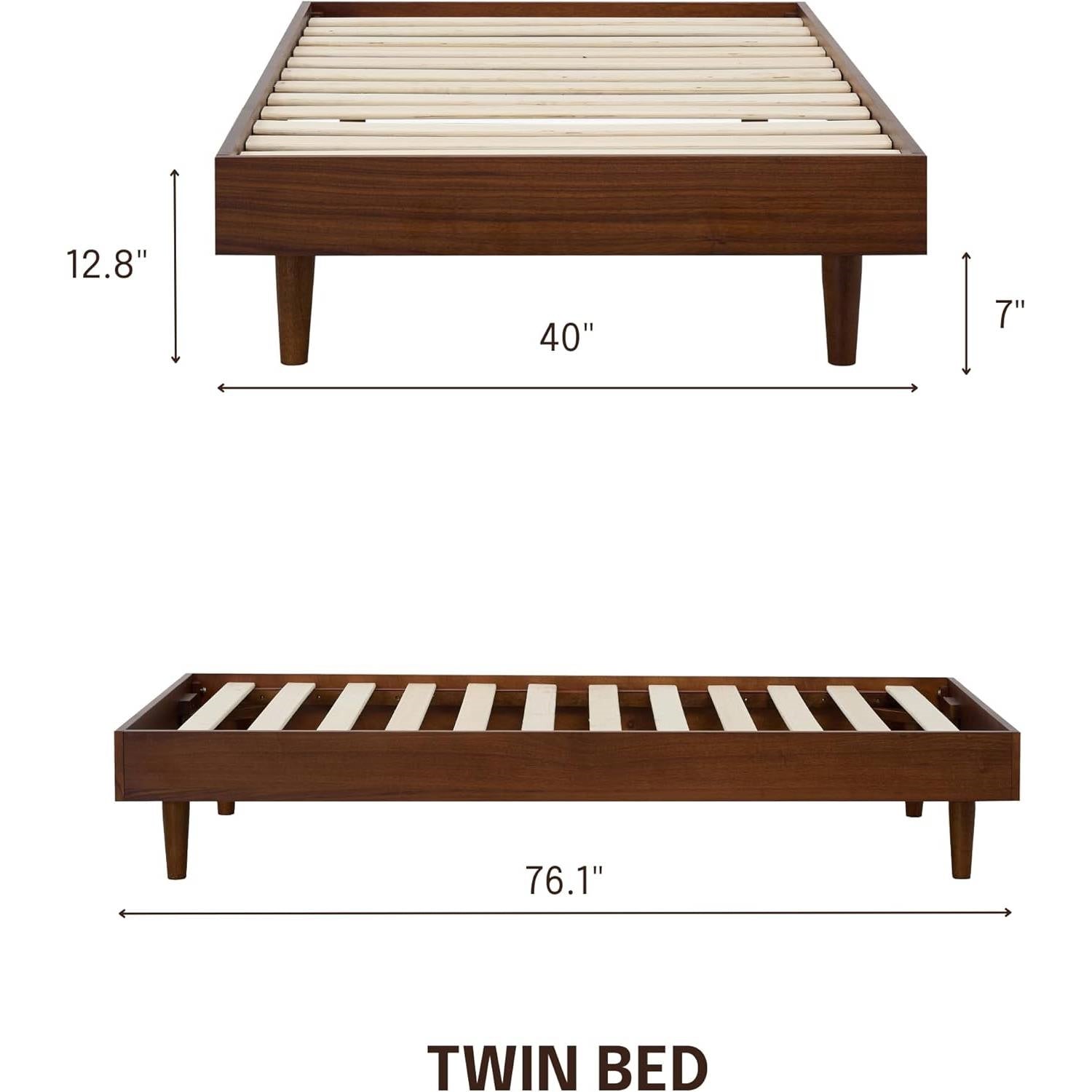 Twin size Mid-Century Modern Platform Bed Frame in Dark Brown Wood Finish-3