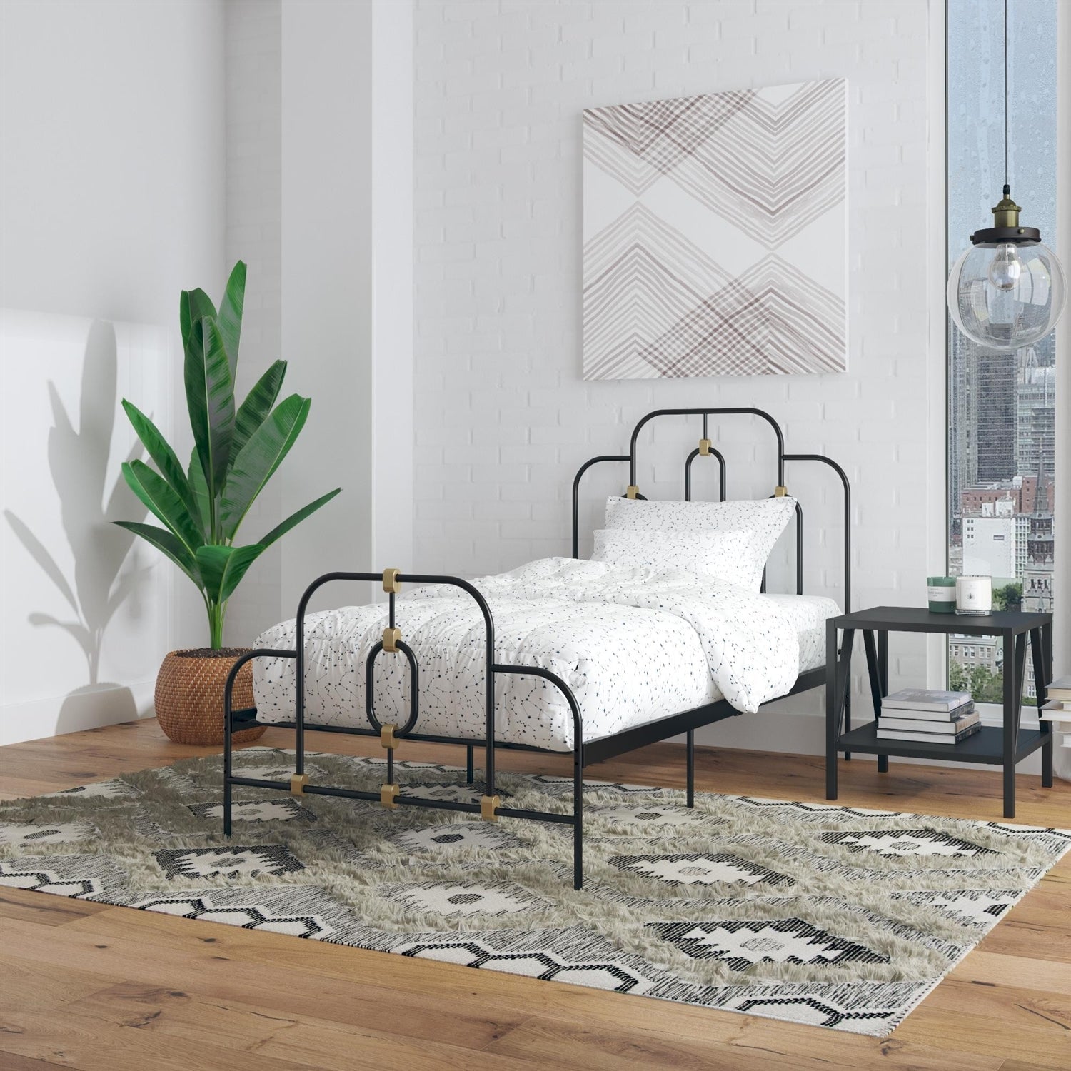 Twin size Farmhouse Adjustable Height Platform Bed in Black Gold Metal Finish-1