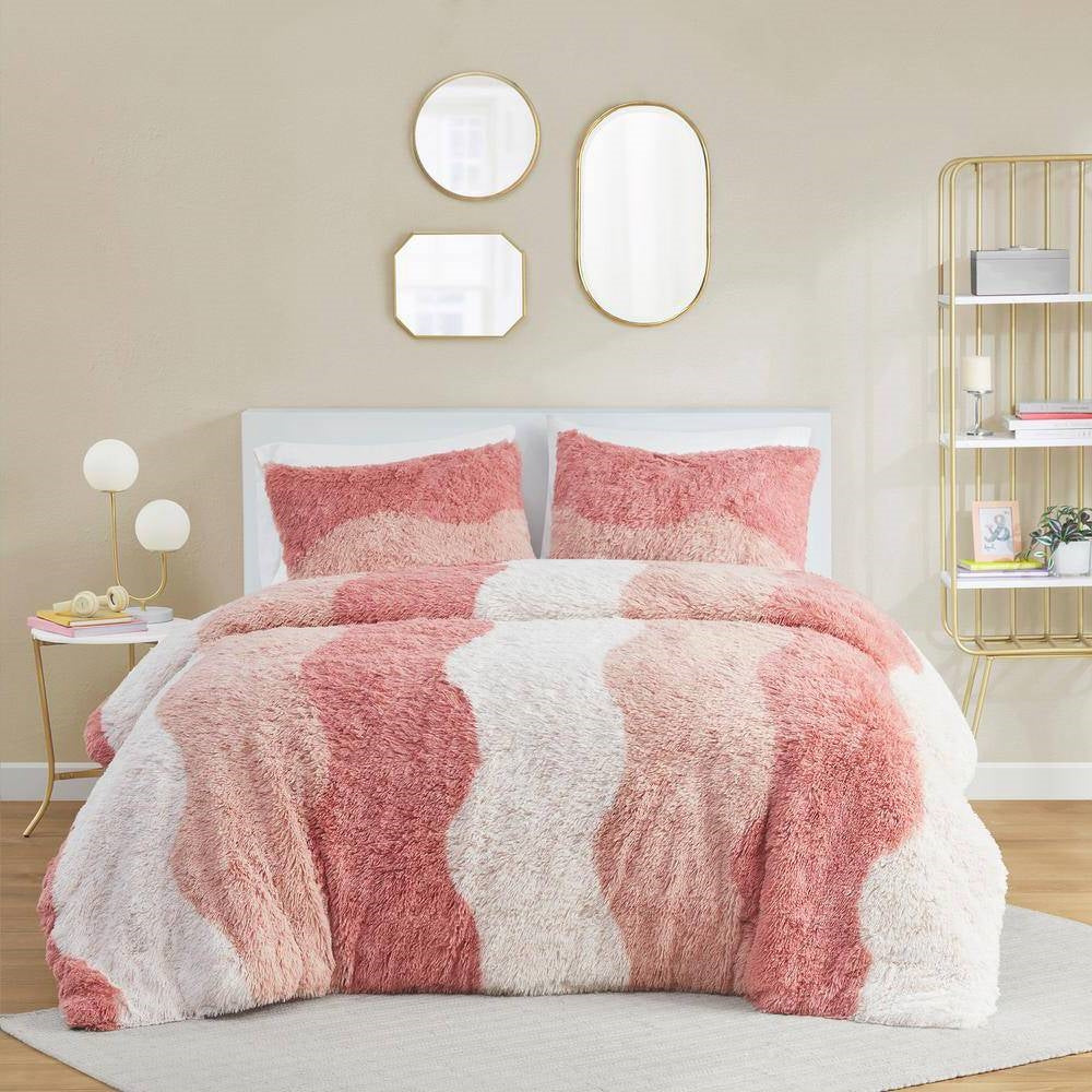 Twin/Twin XL Pink Blush White Reversible Soft Sherpa Faux Fur 2-PC Comforter Set-0