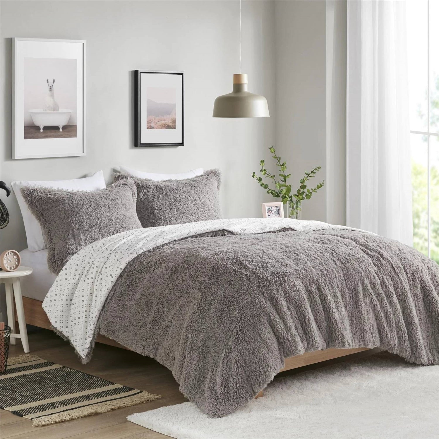 Twin/Twin XL size Grey Reversible Soft Sherpa Faux Fur 2-Piece Comforter Set-0