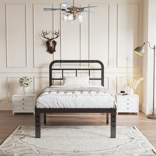 Twin Size Heavy Duty Black Metal Platform Bed Frame with Headboard-1