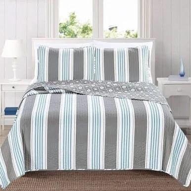 Twin 2 Piece Coastal Starfish Sand Dollar Grey Blue White Nautical Quilt Set-0