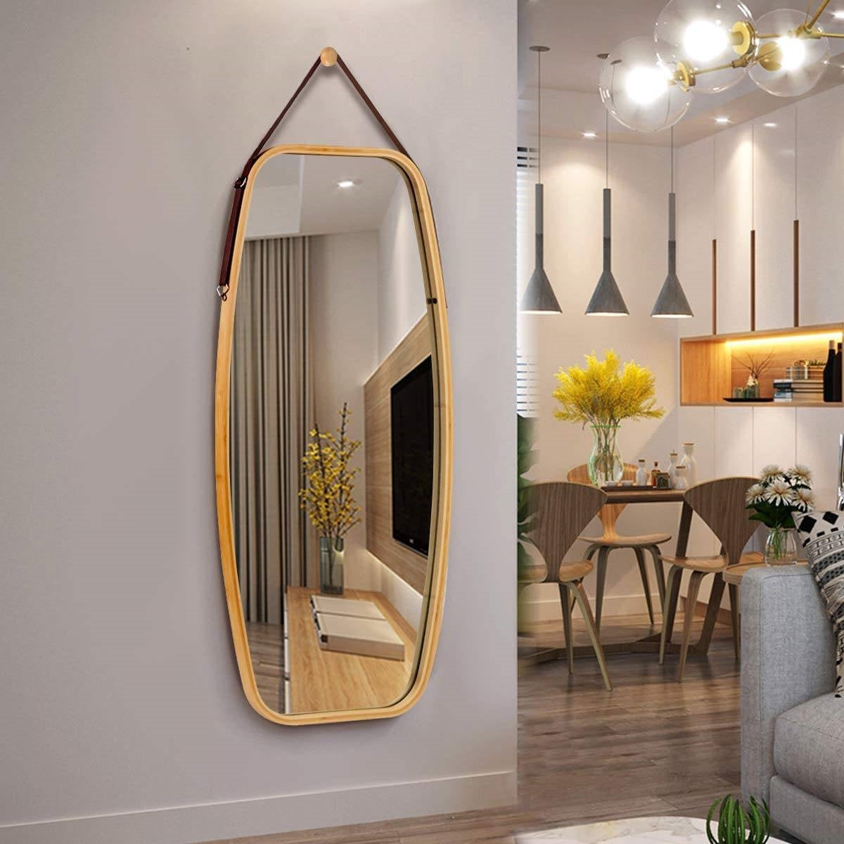 Wall Hanging Bedroom Bathroom Rectangular Mirror with Bamboo Frame 39 x 18 inch-1