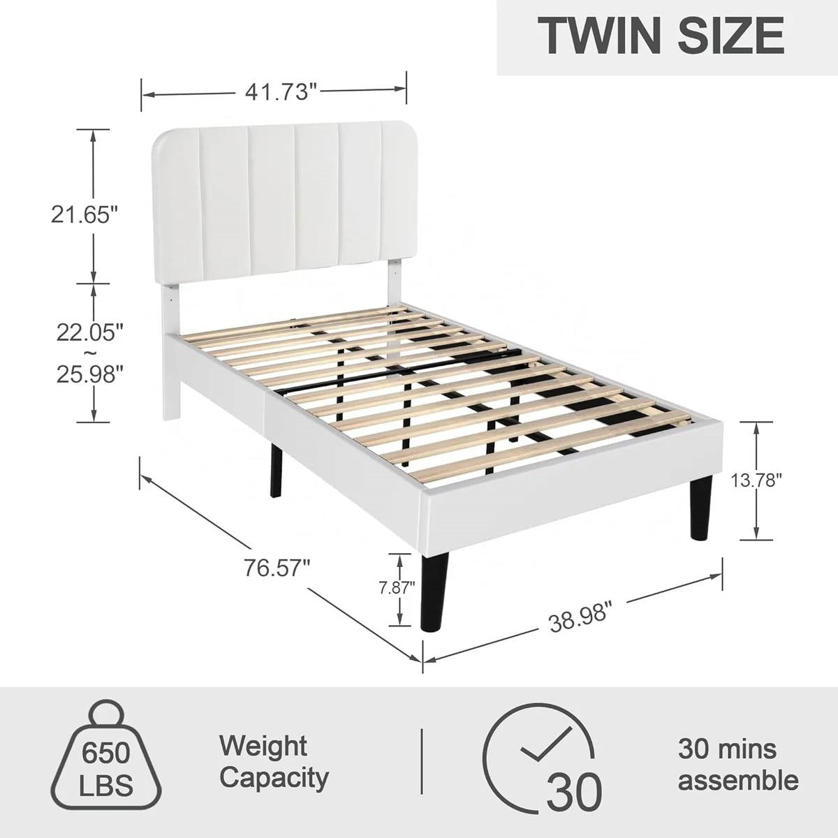 Twin size White Upholstered Platform Bed Frame with Headboard-4