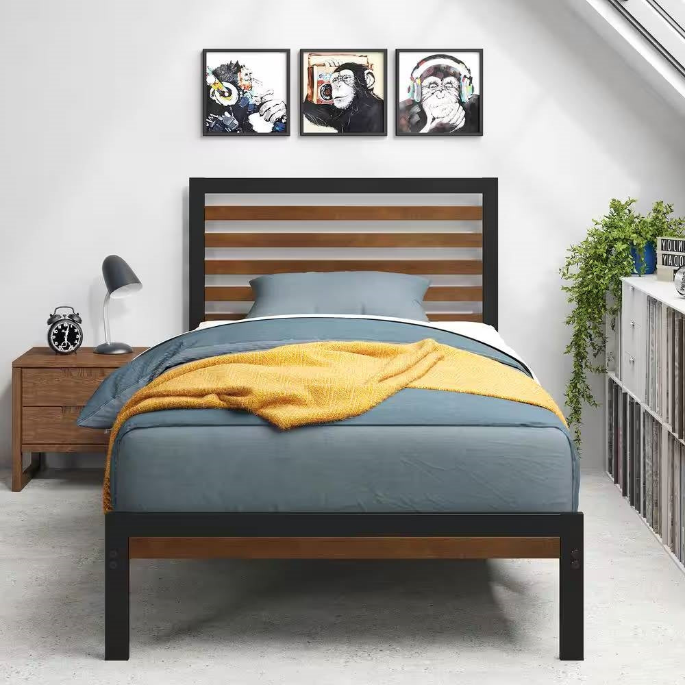 Twin Student Dorm Black Metal Platform Bed Frame with Brown Wood Slat Headboard-1