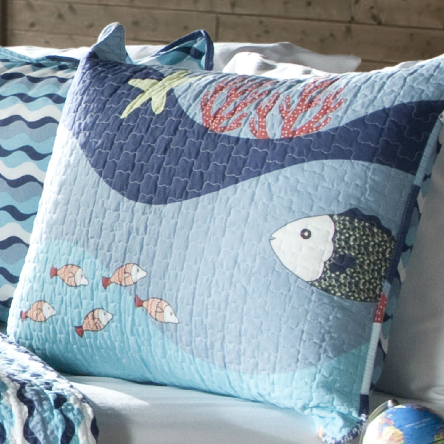 Twin Blue Serenity Sea Fish Coral Coverlet Quilt Bedspread Set-1