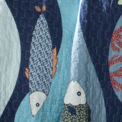 Twin Blue Serenity Sea Fish Coral Coverlet Quilt Bedspread Set-2