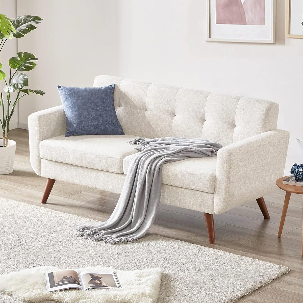 Modern Mid-Century Beige Cotton Polyester Upholstered Sofa Loveseat-3