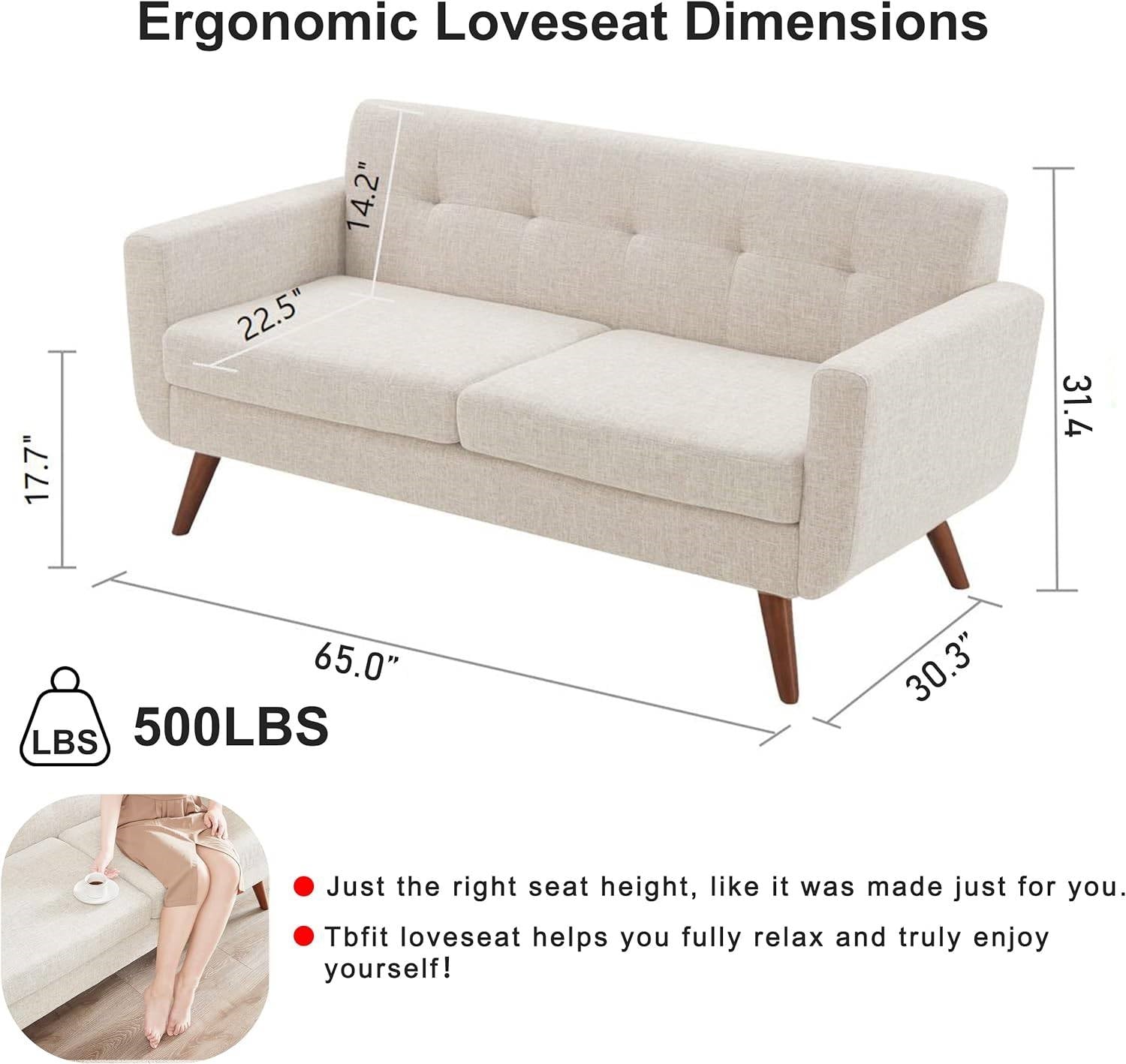 Modern Mid-Century Beige Cotton Polyester Upholstered Sofa Loveseat-4