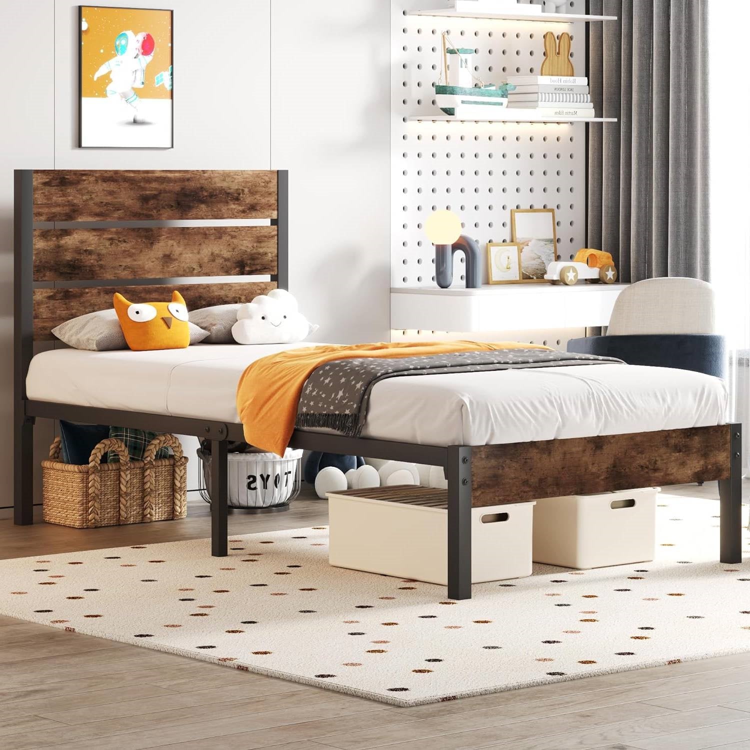 Twin size Modern Farmhouse Metal Platform Bed Frame with Brown Wood Headboard-0