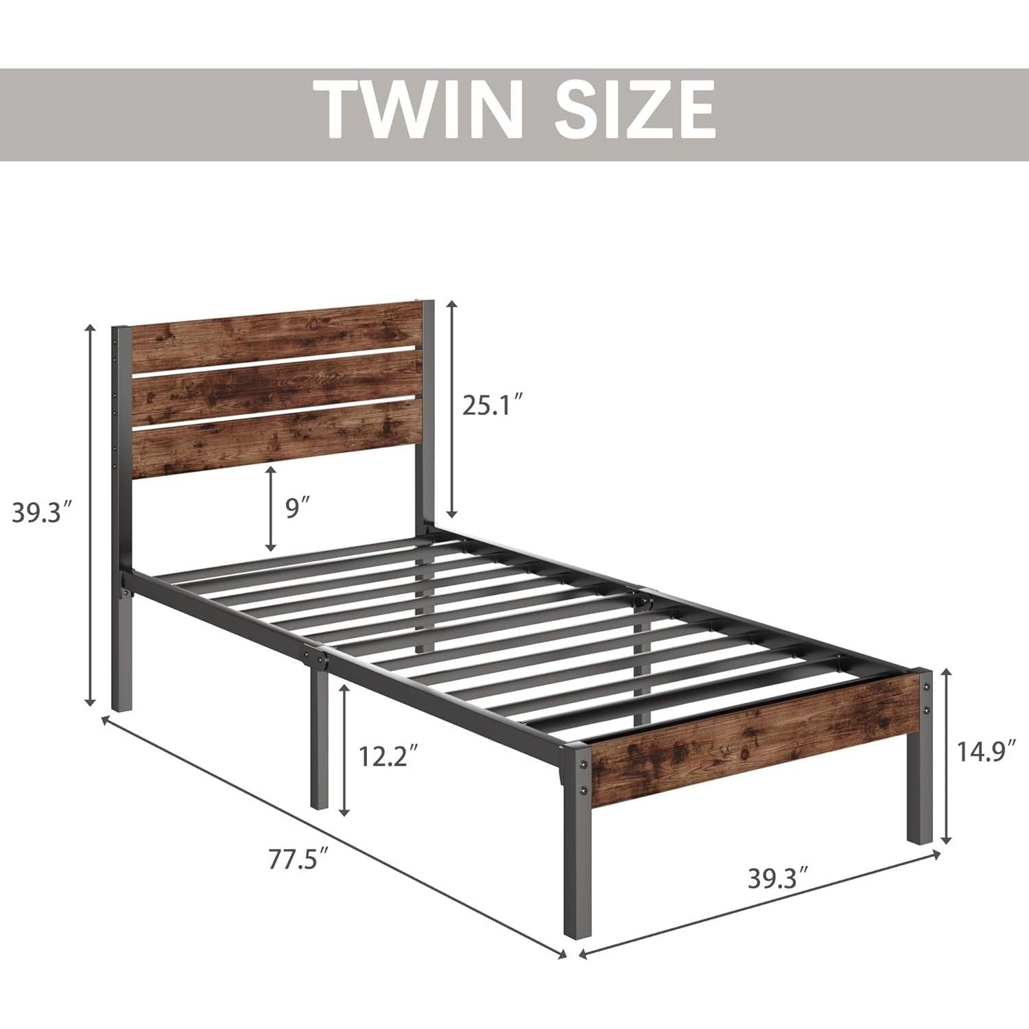 Twin size Modern Farmhouse Metal Platform Bed Frame with Brown Wood Headboard-4