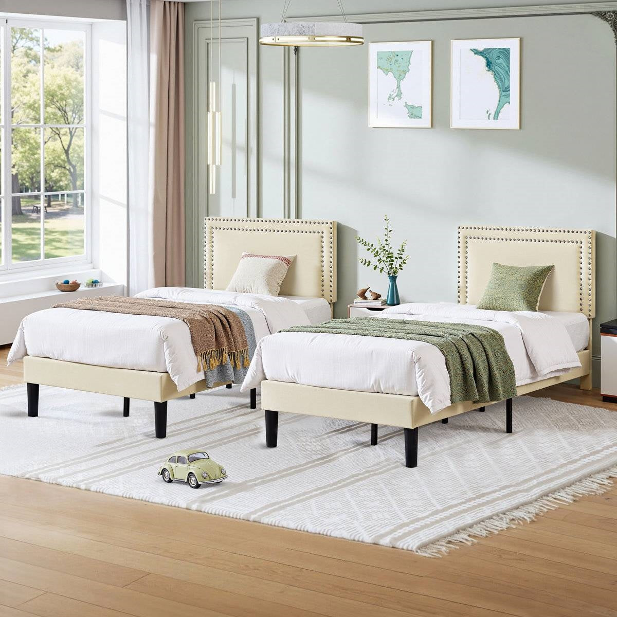 Twin Size - Set of 2  - Dorm Style Beige Tufted Upholstered Platform Beds-0