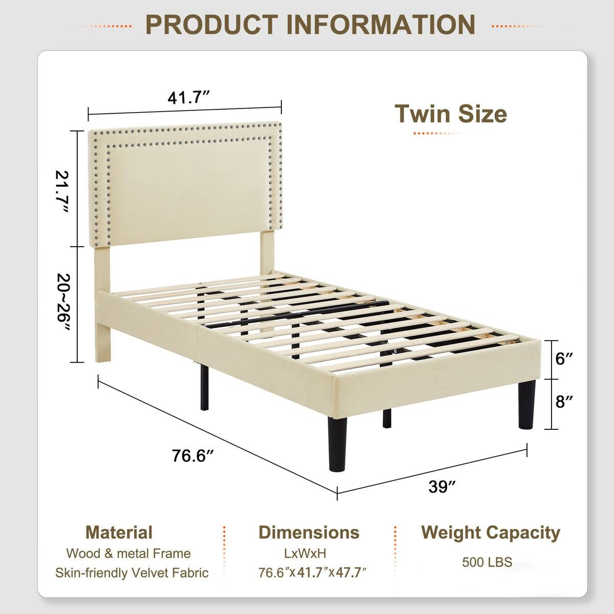Twin Size - Set of 2  - Dorm Style Beige Tufted Upholstered Platform Beds-4