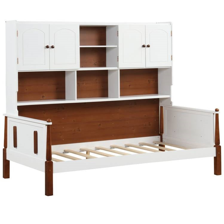 Twin size Vintage White Walnut Daybed with Bookcase Storage Cabinet Headboard-0