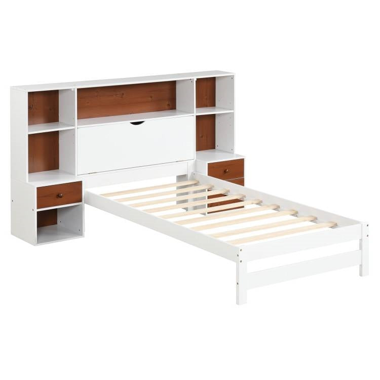 Twin Bed Frame with White Walnut Bookcase Storage Headboard and 2 Nightstands-0
