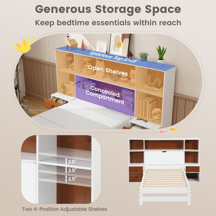 Twin Bed Frame with White Walnut Bookcase Storage Headboard and 2 Nightstands-3