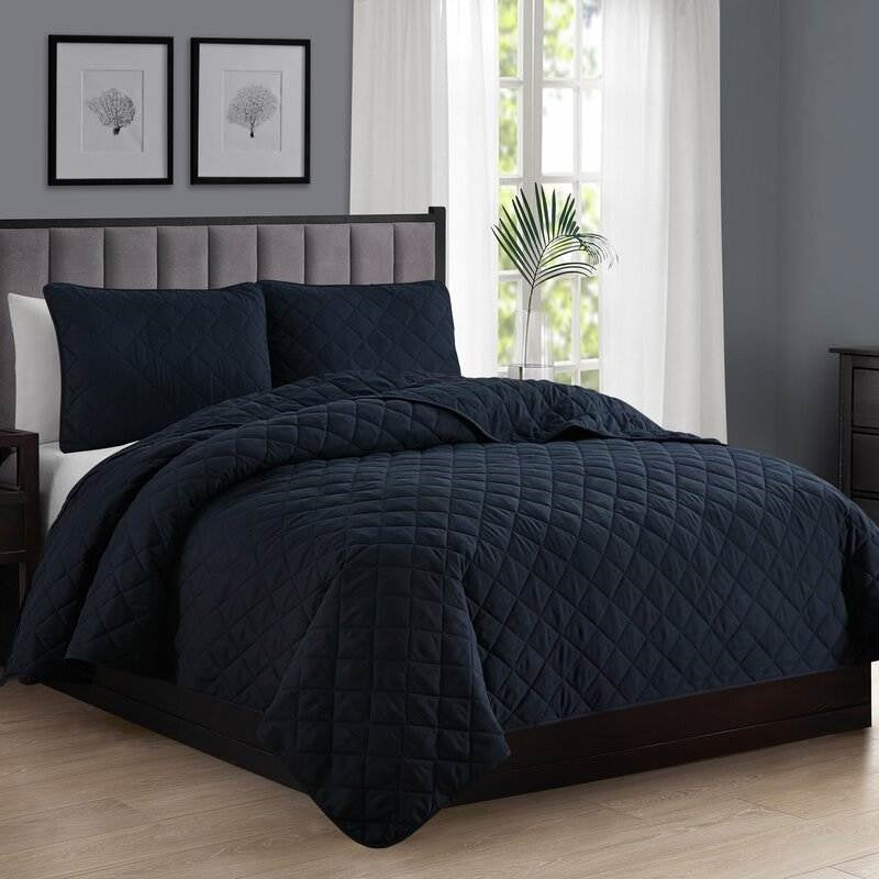 Twin/Twin XL 2-Piece Navy Blue Polyester Microfiber Reversible Diamond Quilt Set-1