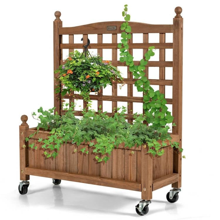 Solid Fir Wood Outdoor Raised Garden Bed Planter Box Cart on Wheels with Trellis-1