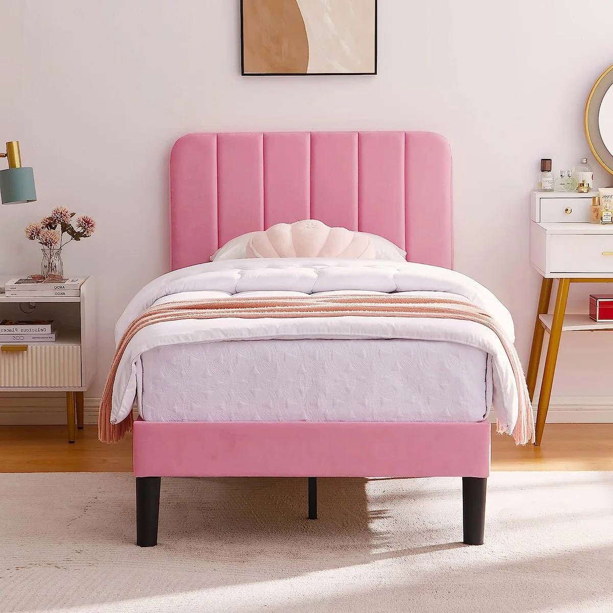 Twin size Pink Upholstered Platform Bed Frame with Headboard-1