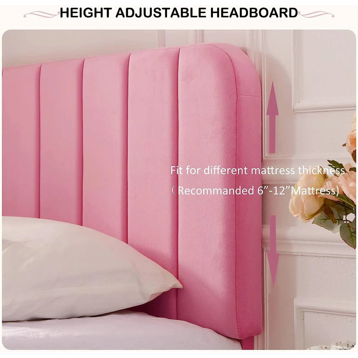 Twin size Pink Upholstered Platform Bed Frame with Headboard-2