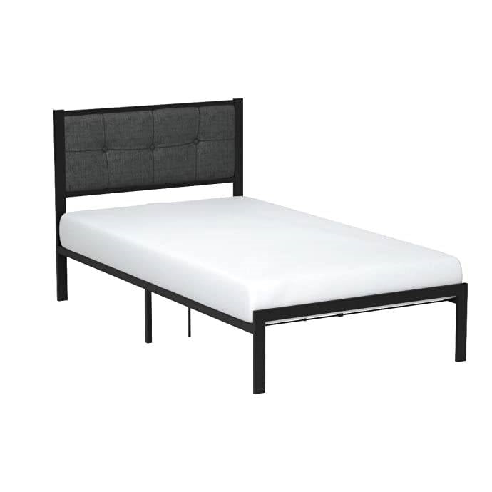 Twin Metal Platform Bed Frame with Gray Button Tufted Upholstered Headboard-0