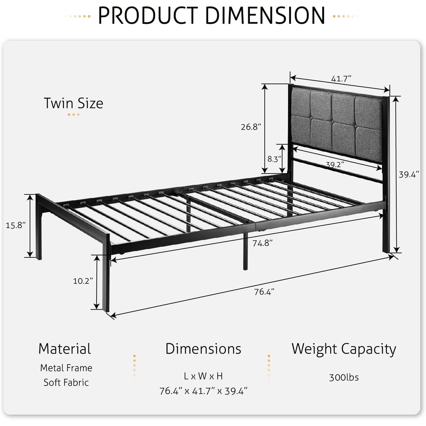 Twin Metal Platform Bed Frame with Gray Button Tufted Upholstered Headboard-4