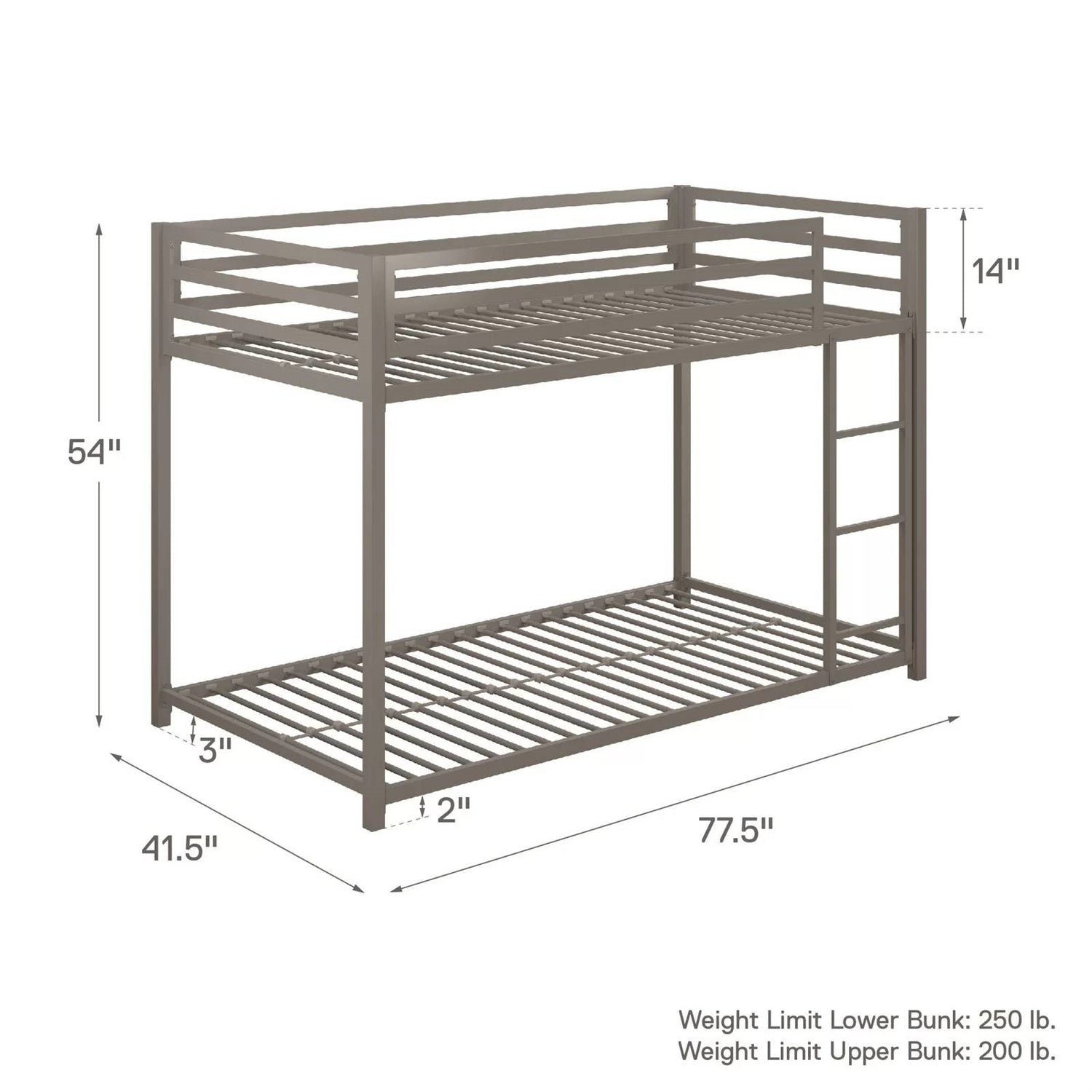 Twin over Twin size Modern Low Height Silver Grey Metal Bunk Bed-4