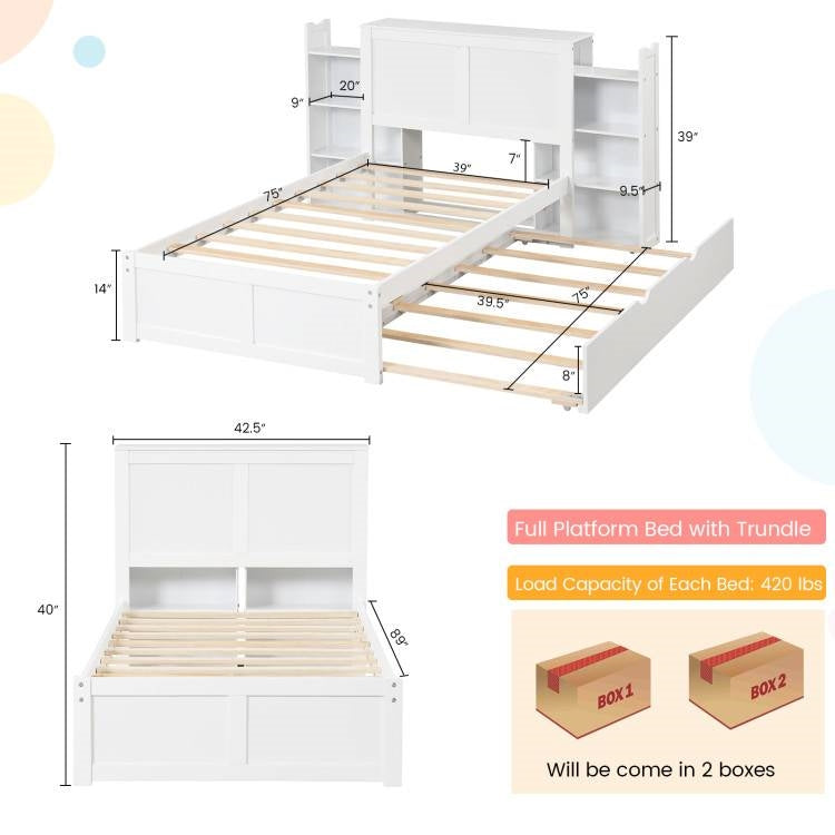 Twin/Full Wood Platform Bed w/ Trundle and Storage Bookcase Headboard in White-4