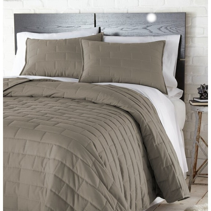 Twin/Twin XL Modern Brick Stitch Microfiber Reversible 2 Piece Comforter Set in Taupe-0