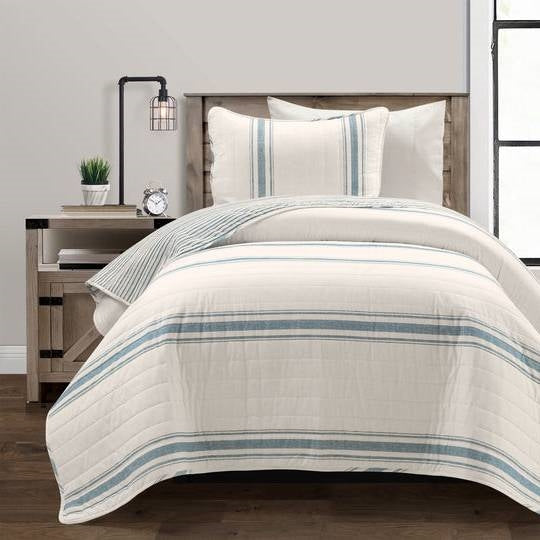 Twin/Twin XL Blue Off-White Stripe 2 Piece Reversible Cotton Quilt Set-0