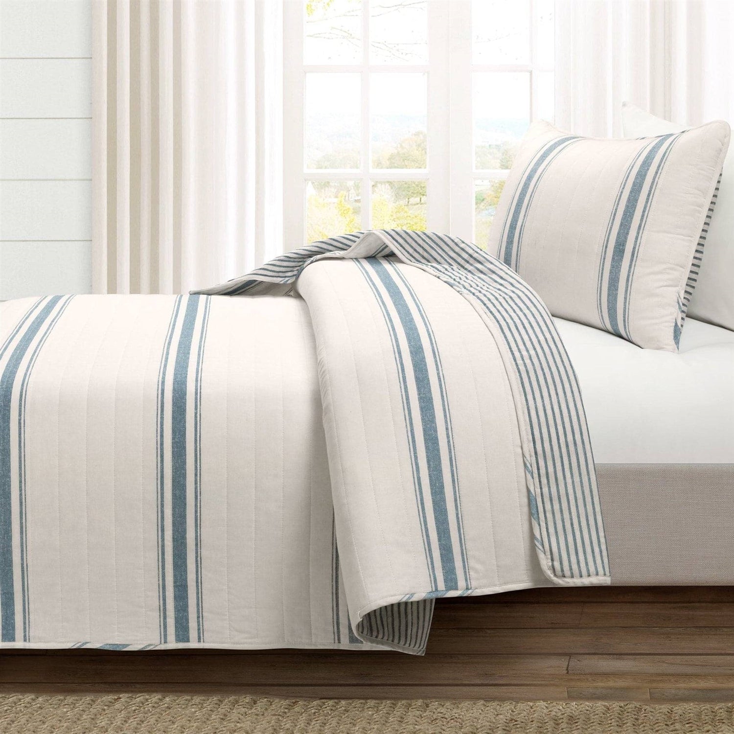 Twin/Twin XL Blue Off-White Stripe 2 Piece Reversible Cotton Quilt Set-1