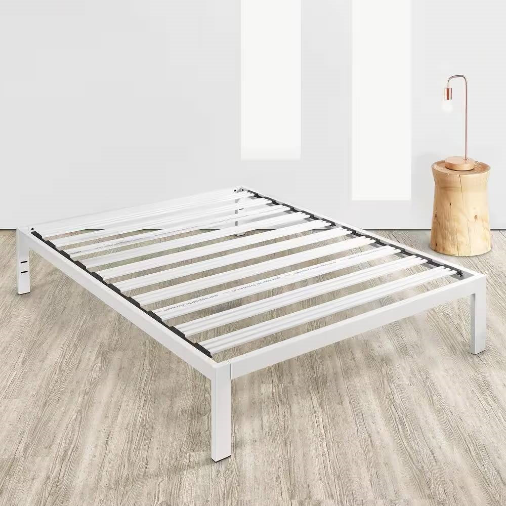 Twin XL size Wide-Slat White Metal Platform Bed Frame with Headboard Brackets-0