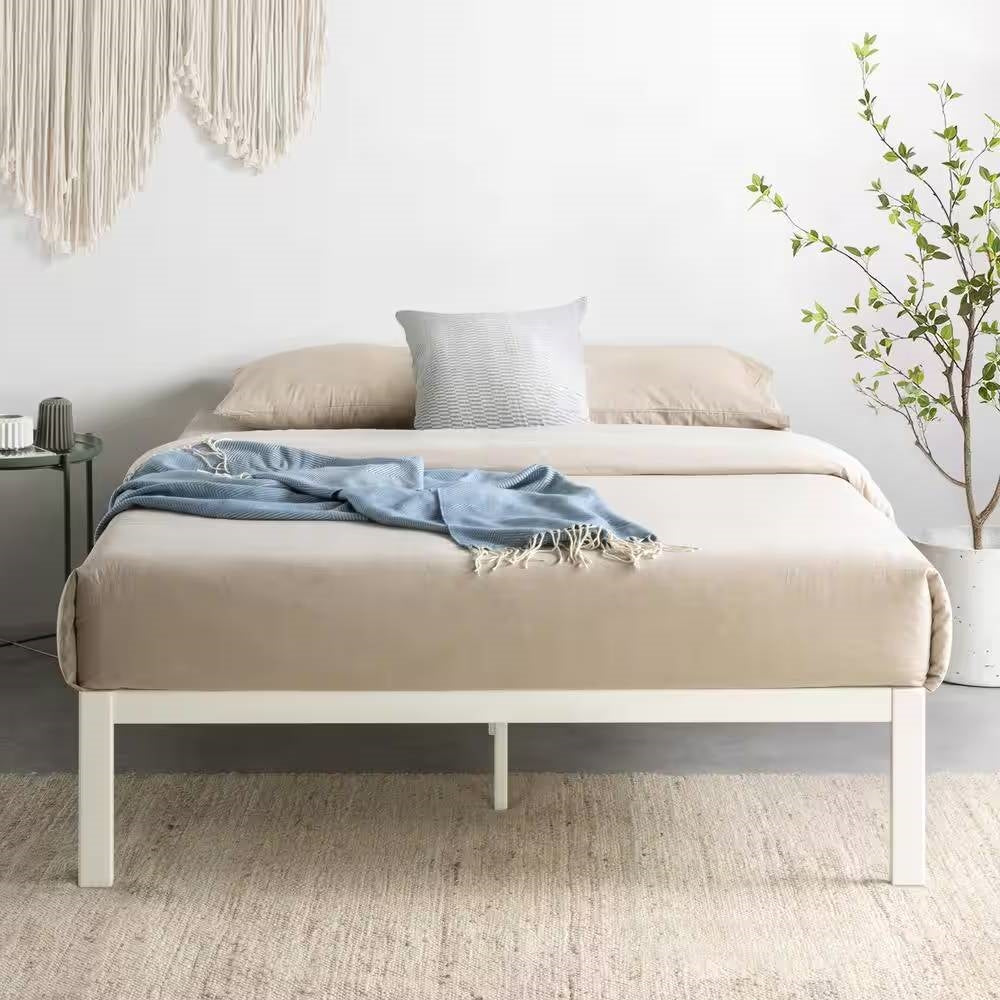 Twin XL size Wide-Slat White Metal Platform Bed Frame with Headboard Brackets-2