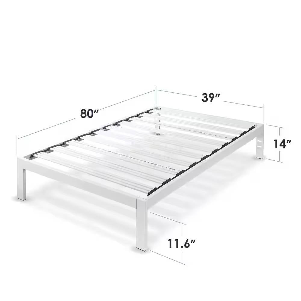 Twin XL size Wide-Slat White Metal Platform Bed Frame with Headboard Brackets-4