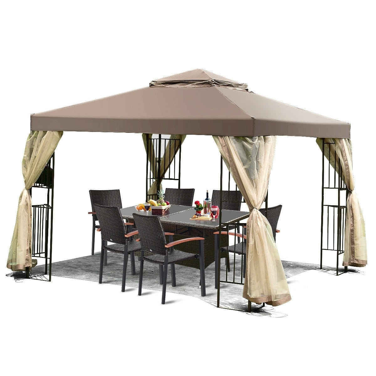 10 x 10 Ft Outdoor Patio Gazebo with Taupe Brown Canopy and Mesh Sidewalls-0