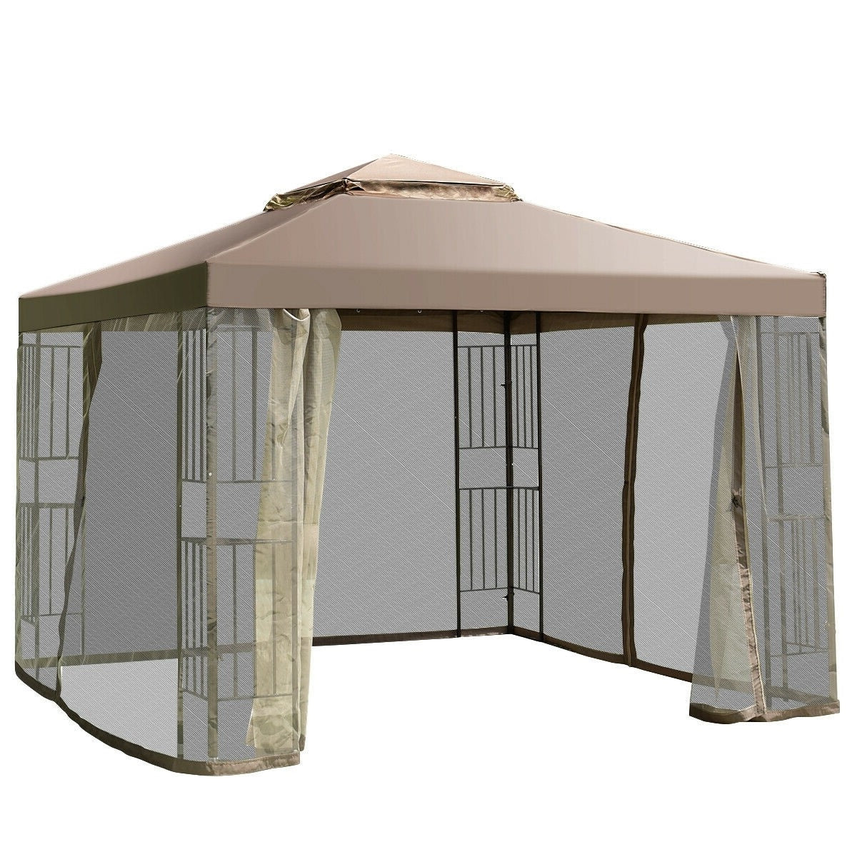 10 x 10 Ft Outdoor Patio Gazebo with Taupe Brown Canopy and Mesh Sidewalls-1