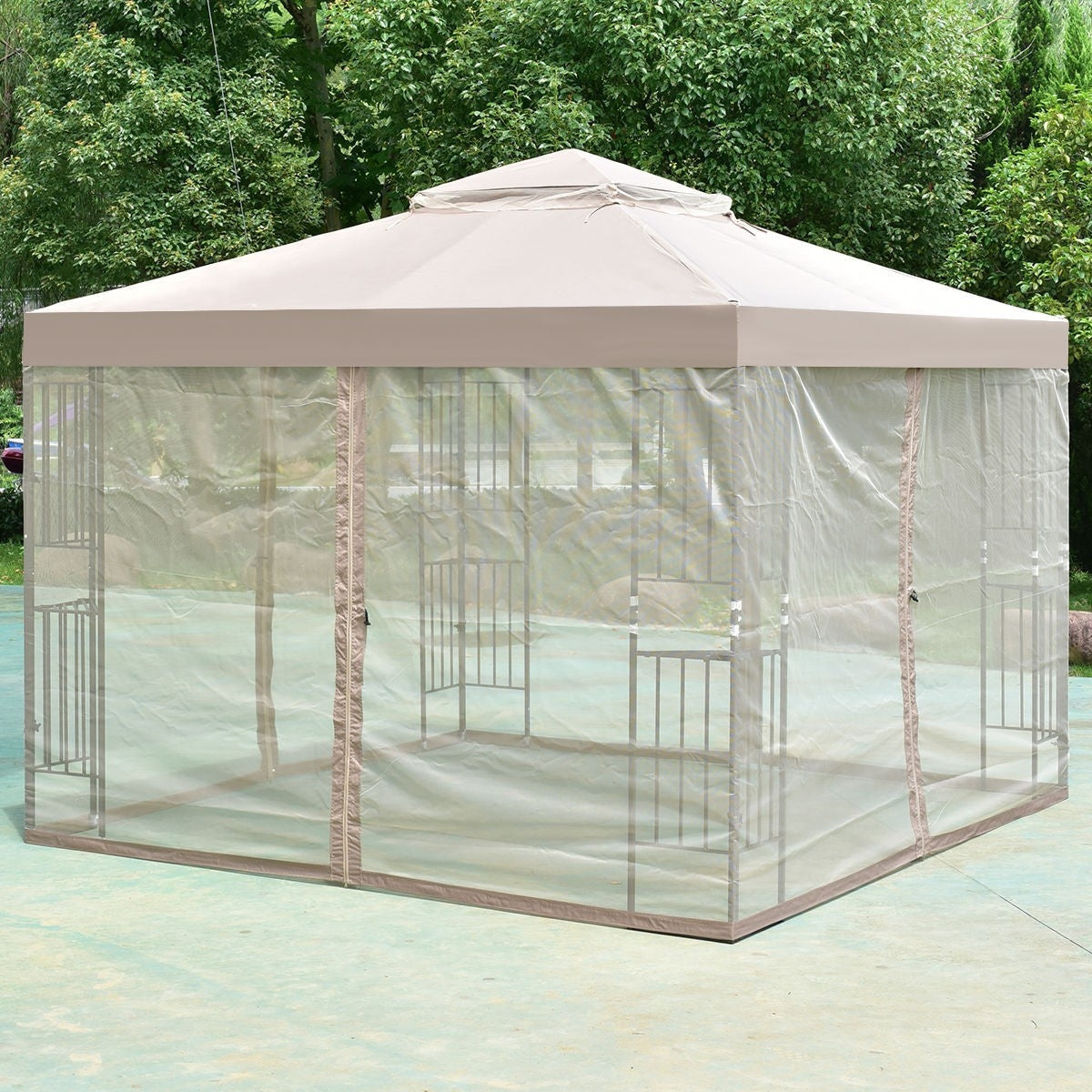 10 x 10 Ft Outdoor Patio Gazebo with Taupe Brown Canopy and Mesh Sidewalls-2