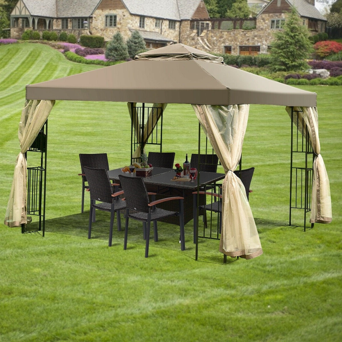 10 x 10 Ft Outdoor Patio Gazebo with Taupe Brown Canopy and Mesh Sidewalls-3