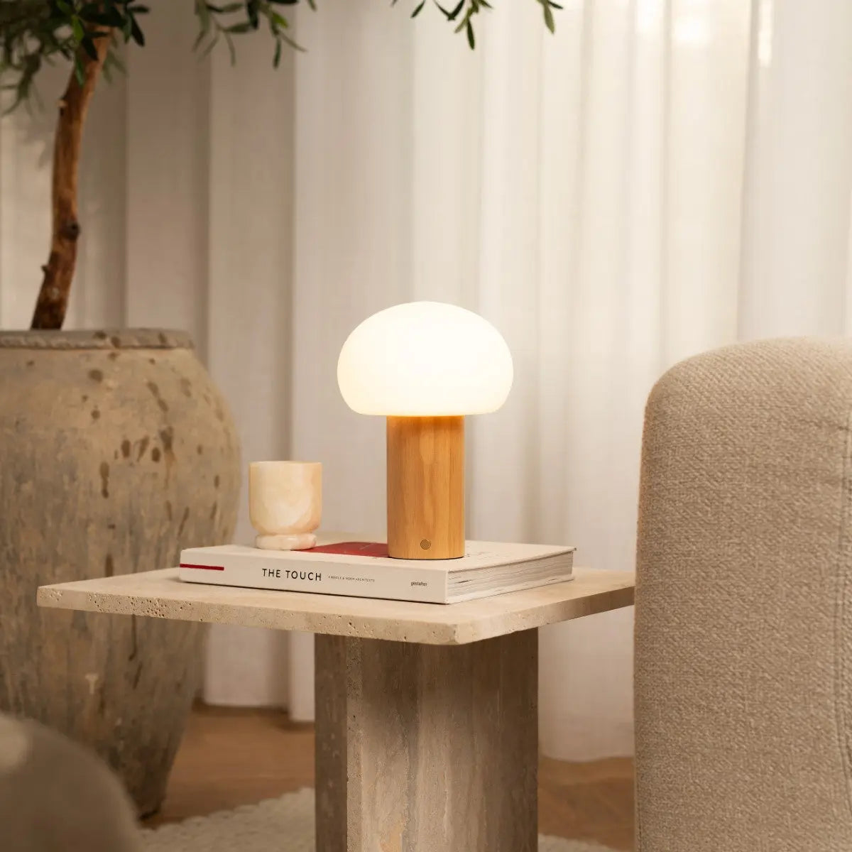 Sam Wooden Table Lamp with Glass & Rechargeable Battery | Dimmable & Versatile Lighting-0