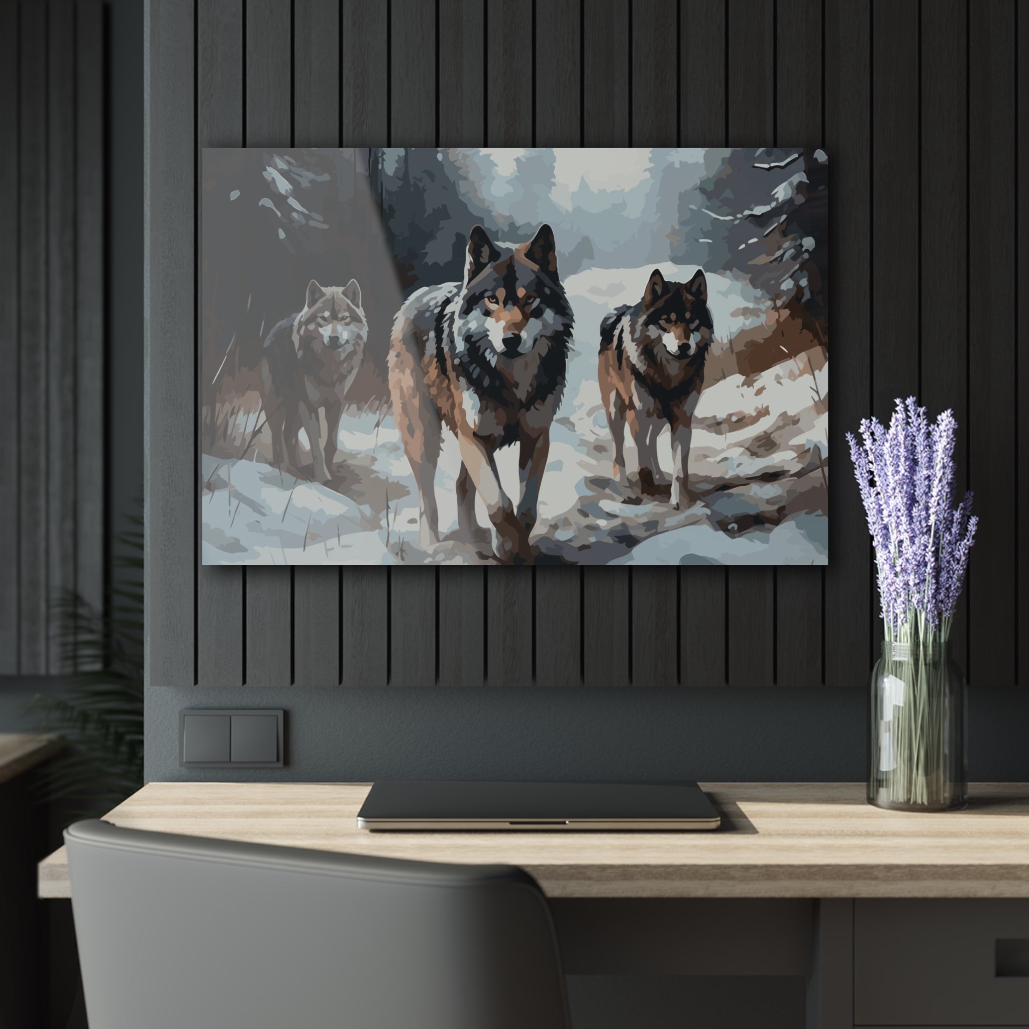 Tempered glass wall art wolf on black background