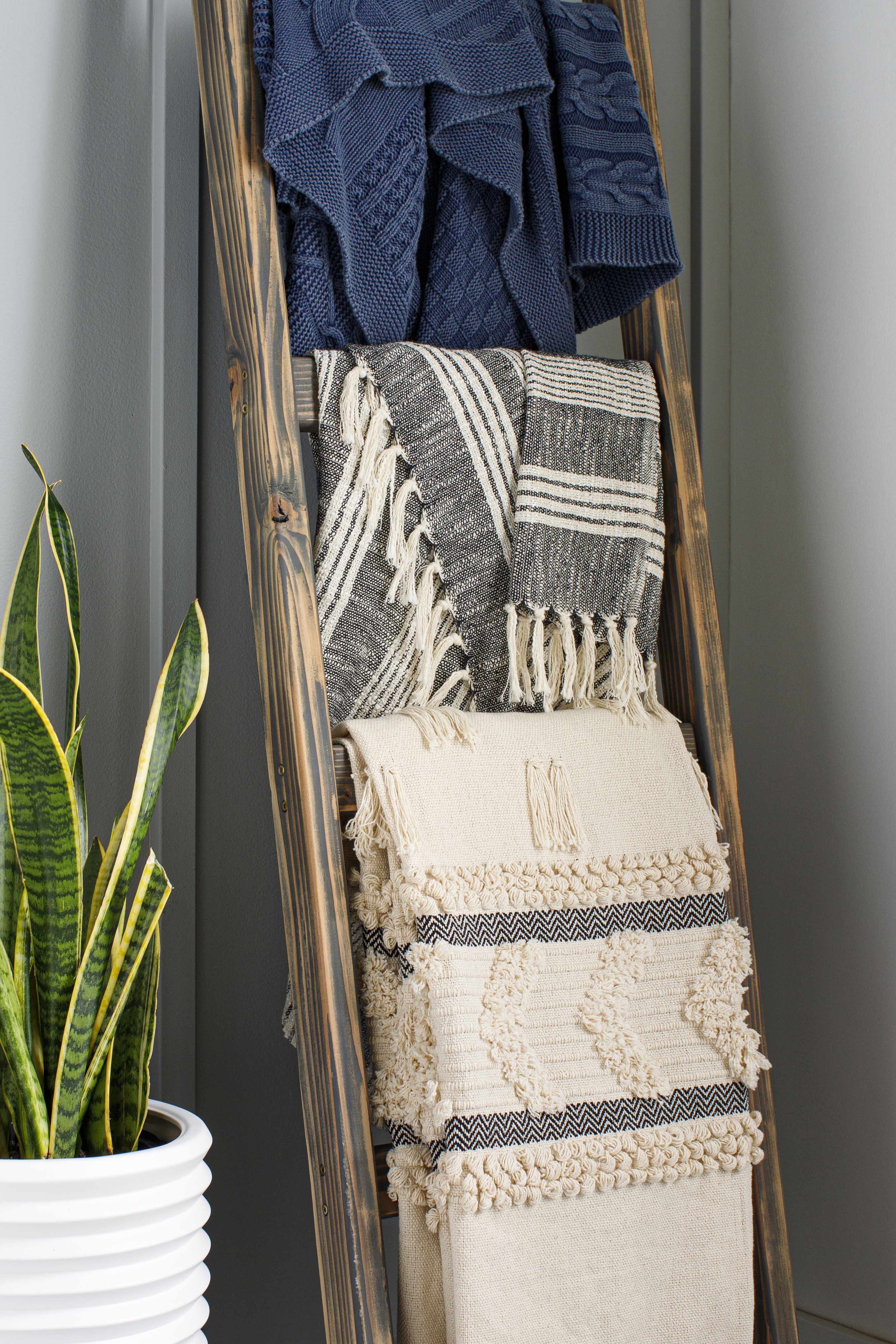 Boondall Ivory Cotton Throw Blanket with tassels-2