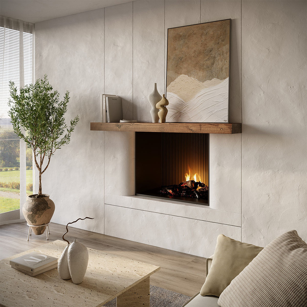 Textured Solid Floating Timber Fireplace Mantel Shelf