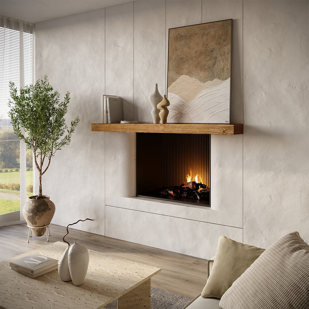 Textured Solid Floating Timber Fireplace Mantel Shelf
