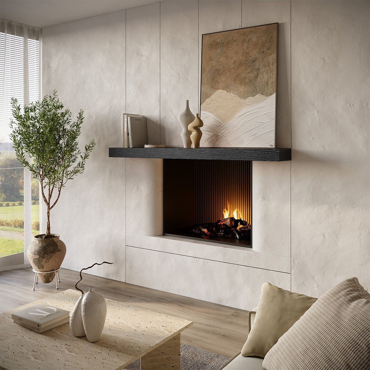 Textured Solid Floating Timber Fireplace Mantel Shelf