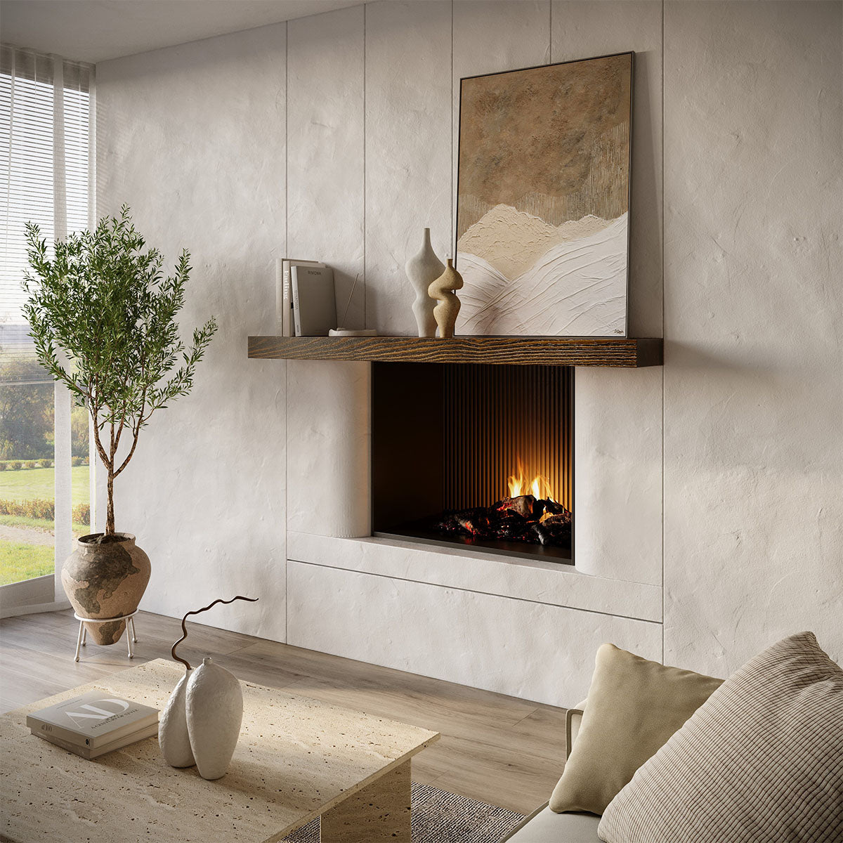 Textured Solid Floating Timber Fireplace Mantel Shelf